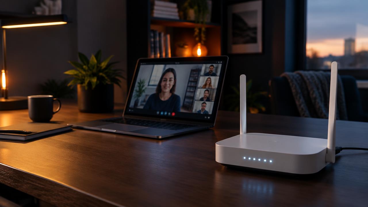 Homeoffice-Schreibtisch mit Laptop-Videocall und WLAN-Router