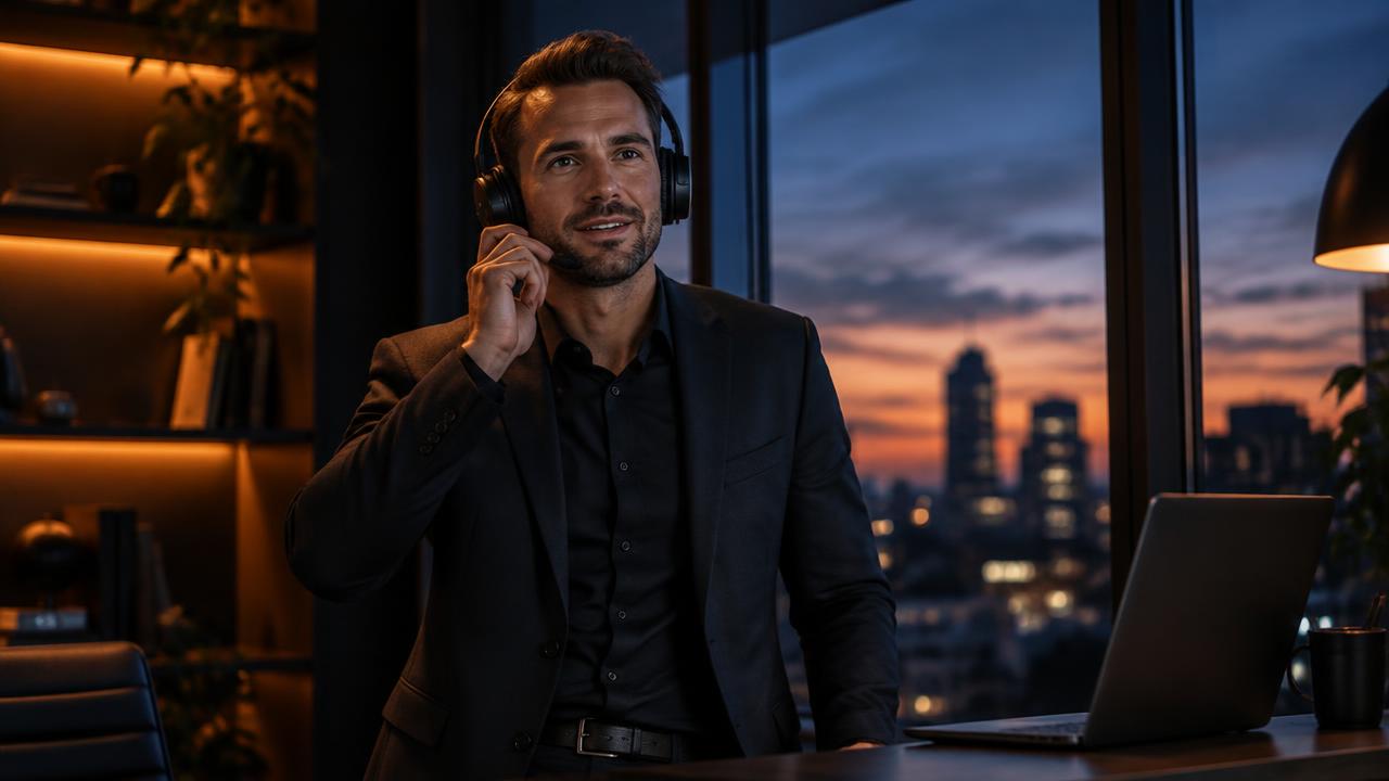 B2B-Verkäufer telefoniert selbstbewusst mit Headset