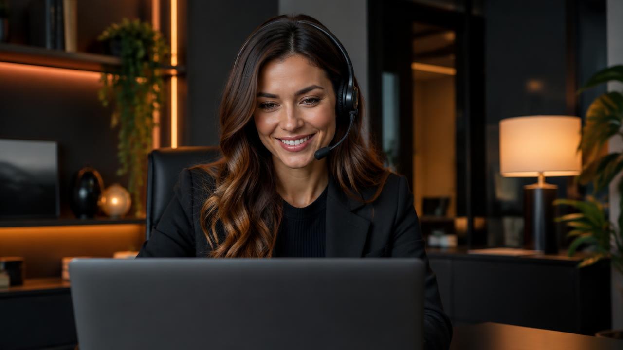 B2B-Verkäuferin mit Headset im Videogespräch