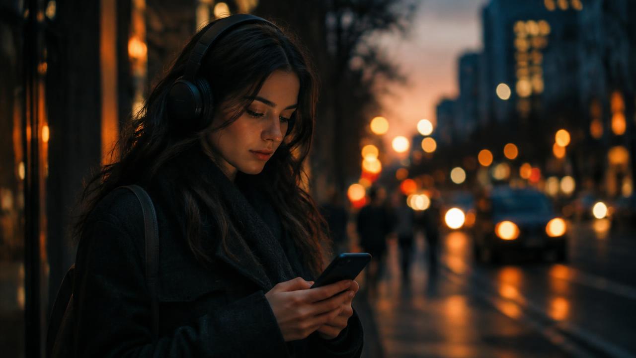 Junge Frau mit Kopfhörern nutzt abends in der Stadt ihr Smartphone
