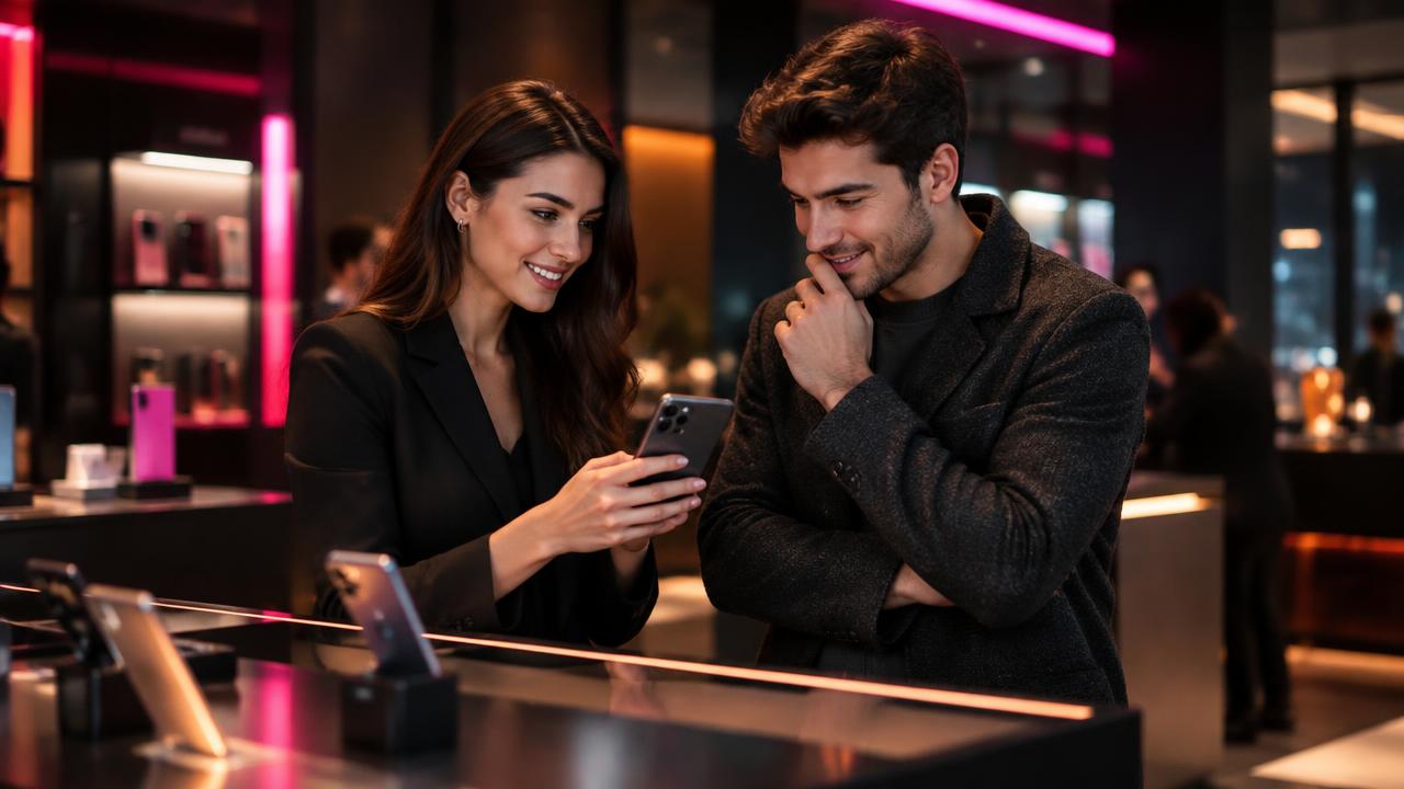 Beraterin zeigt einem Kunden ein Smartphone in einem modernen Shop