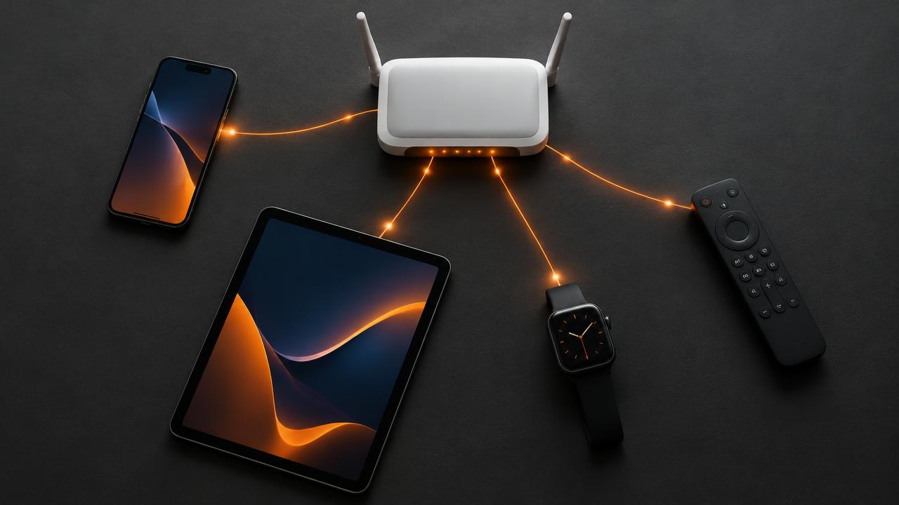 Vernetzte Geräte – Smartphone, Tablet, Router, Fernbedienung und Smartwatch – auf dunklem Tisch