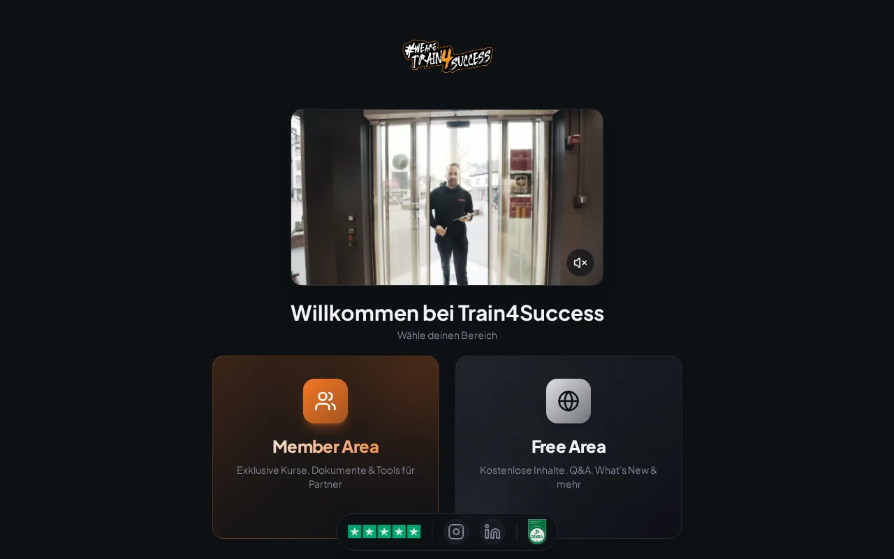 Startbildschirm der Train4Success App mit Member Area und Free Area